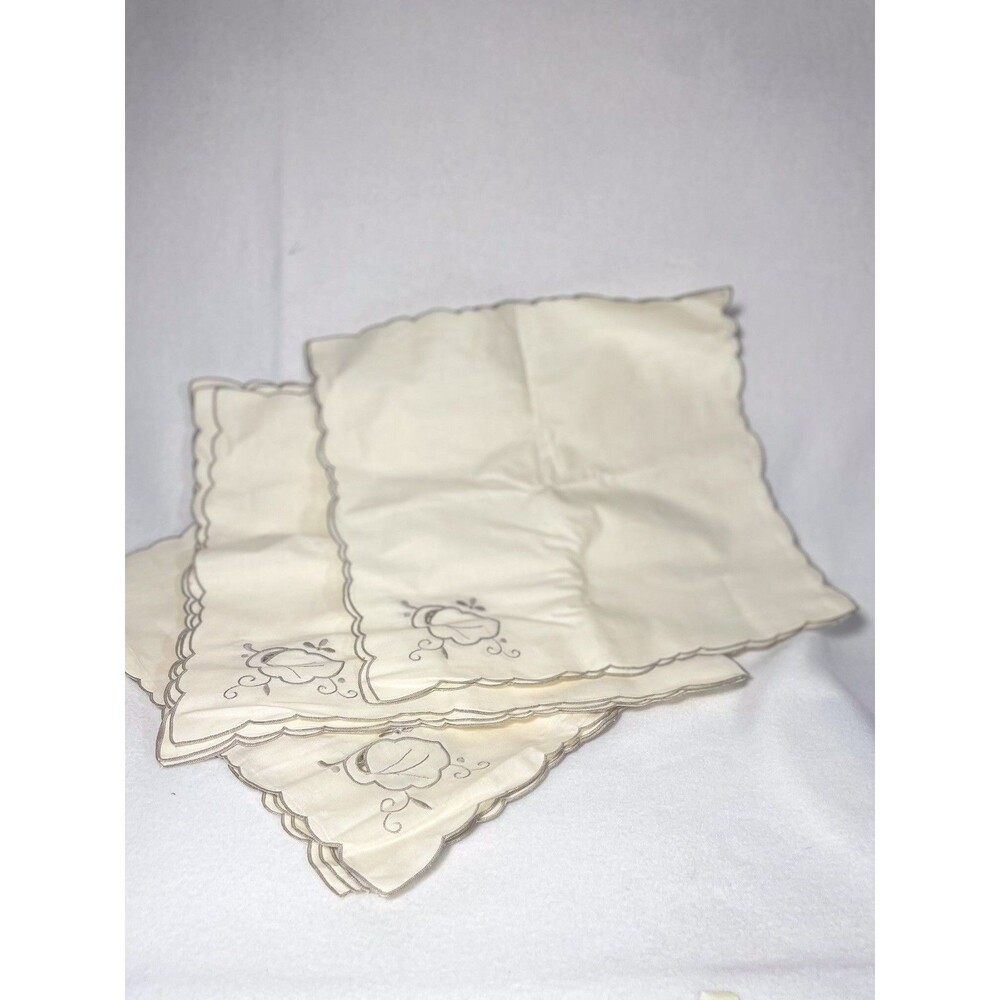 Vintage Cream Cotton Napkin Set 12pc Scalloped Embroidered Table Decor 15 x 15 " - Picture 5 of 12